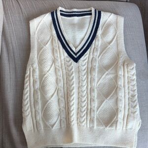 Cable Knit Sweater Vest with Navy Trim